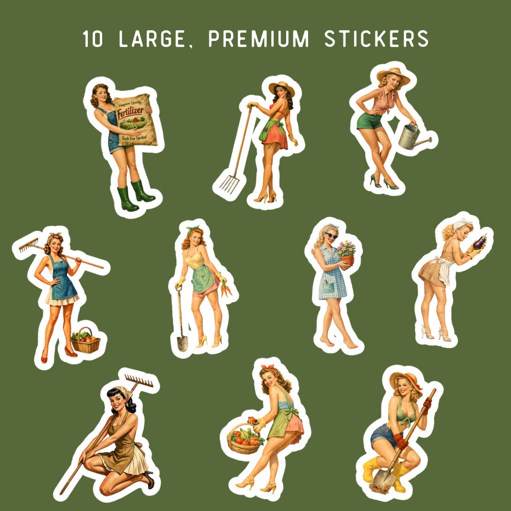 Set of 10 large, premium stickers featuring vintage-style women on a green background.