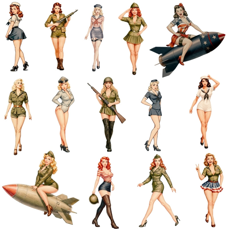 Illustrations of women in military-style outfits with various props on a white background