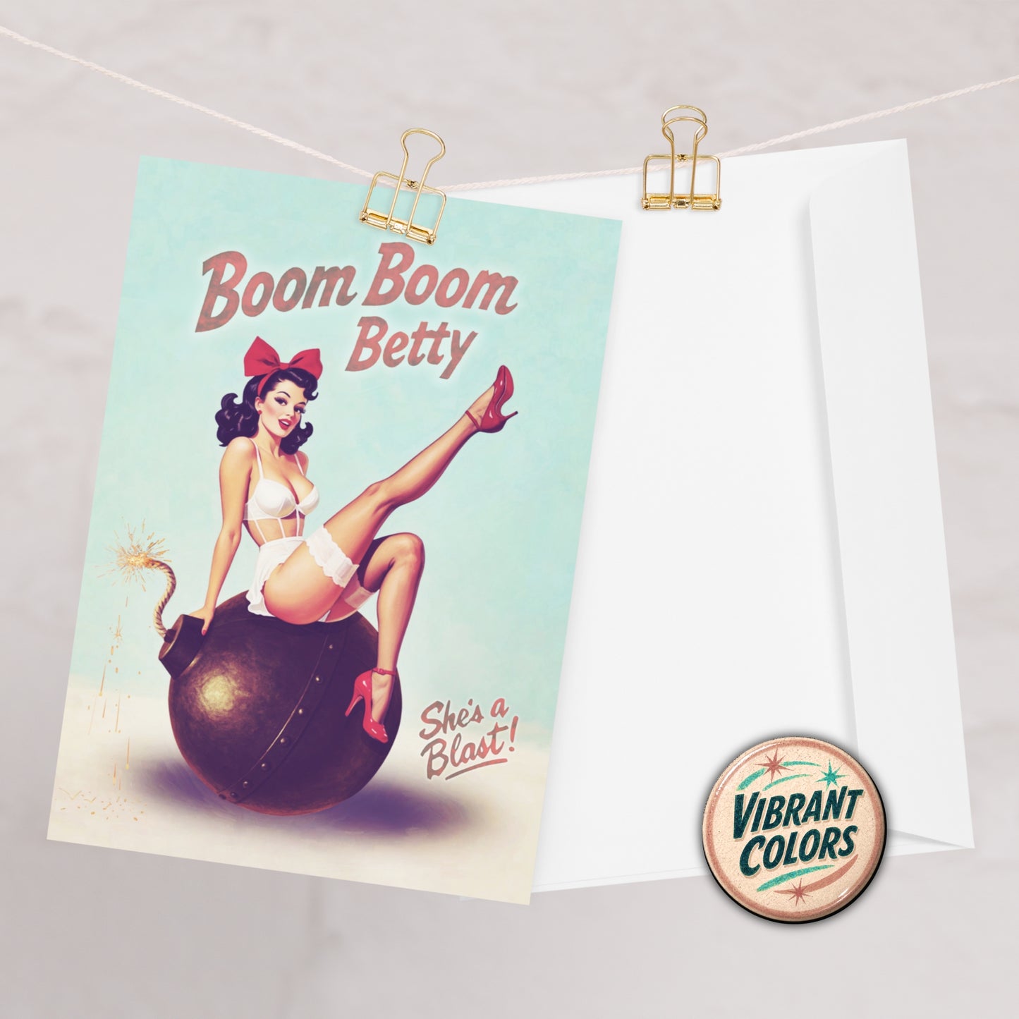 Pinup girl card of a vintage-style illustration with 'Boom Boom Betty' text, pinned to a board.