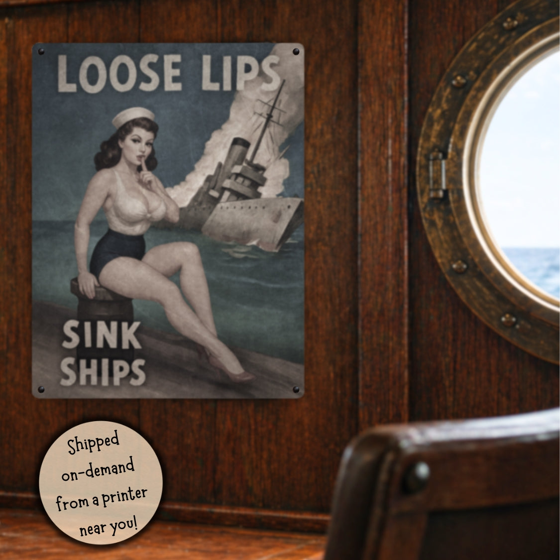 Vintage-style sign with a woman and ship design on a wooden surface.