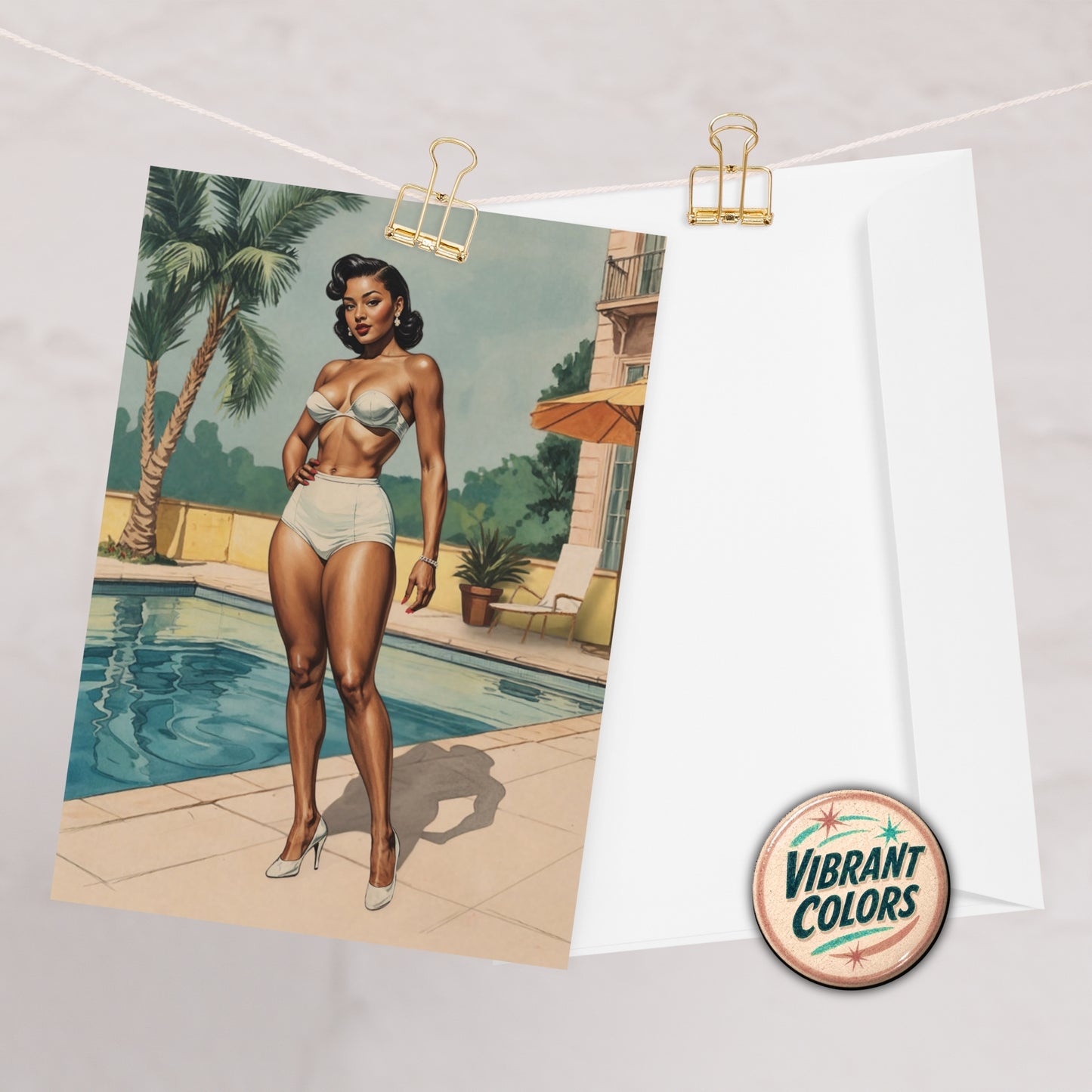 Vintage-style poster of a woman in a bikini by a pool, with 'Vibrant Colors' logo.