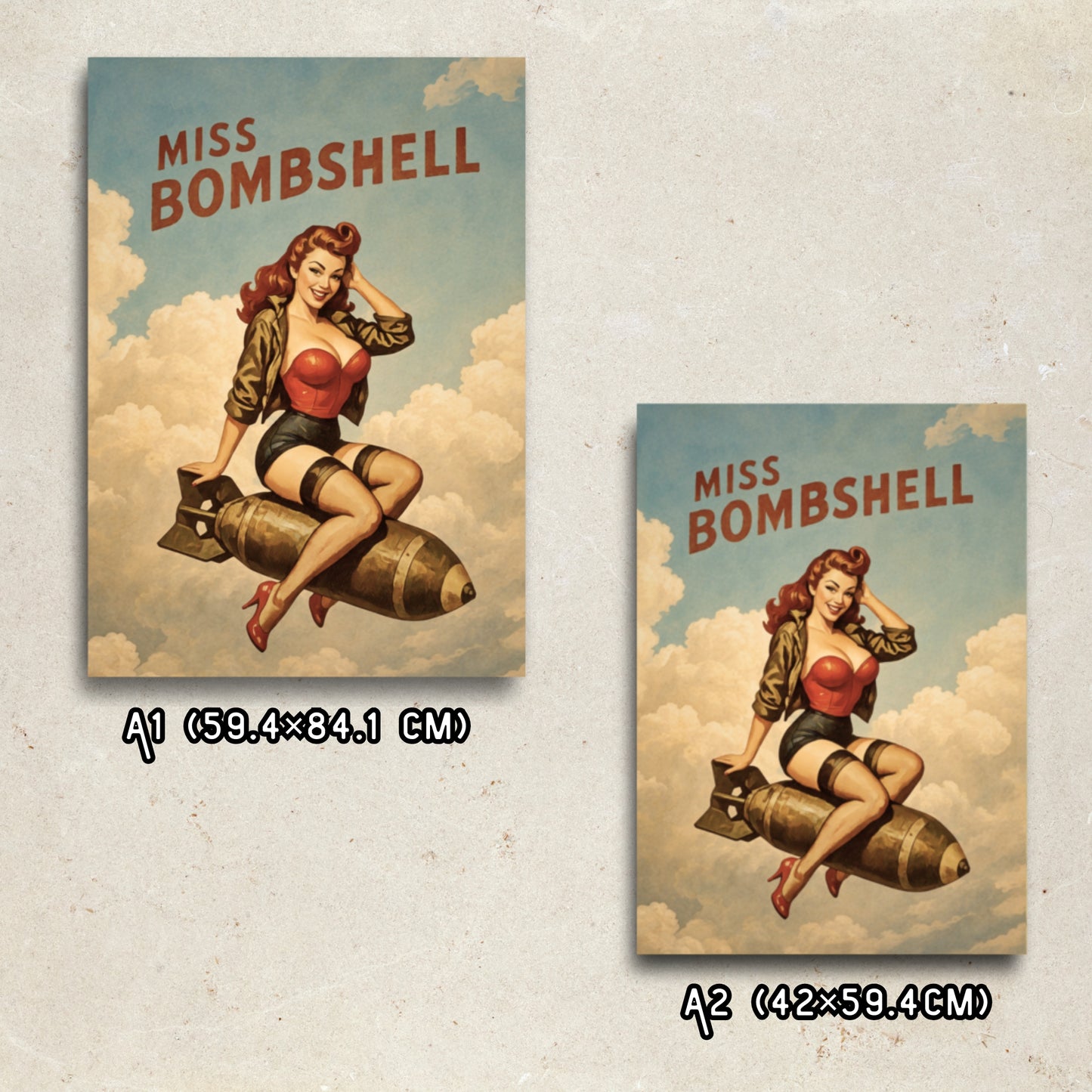 Two 'Miss Bombshell' posters on a textured wall background