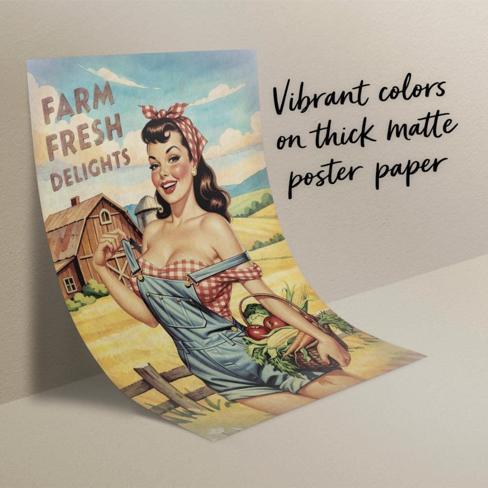 Vintage-style poster with a woman holding vegetables and text 'Farm Fresh Delights' on a plain background.