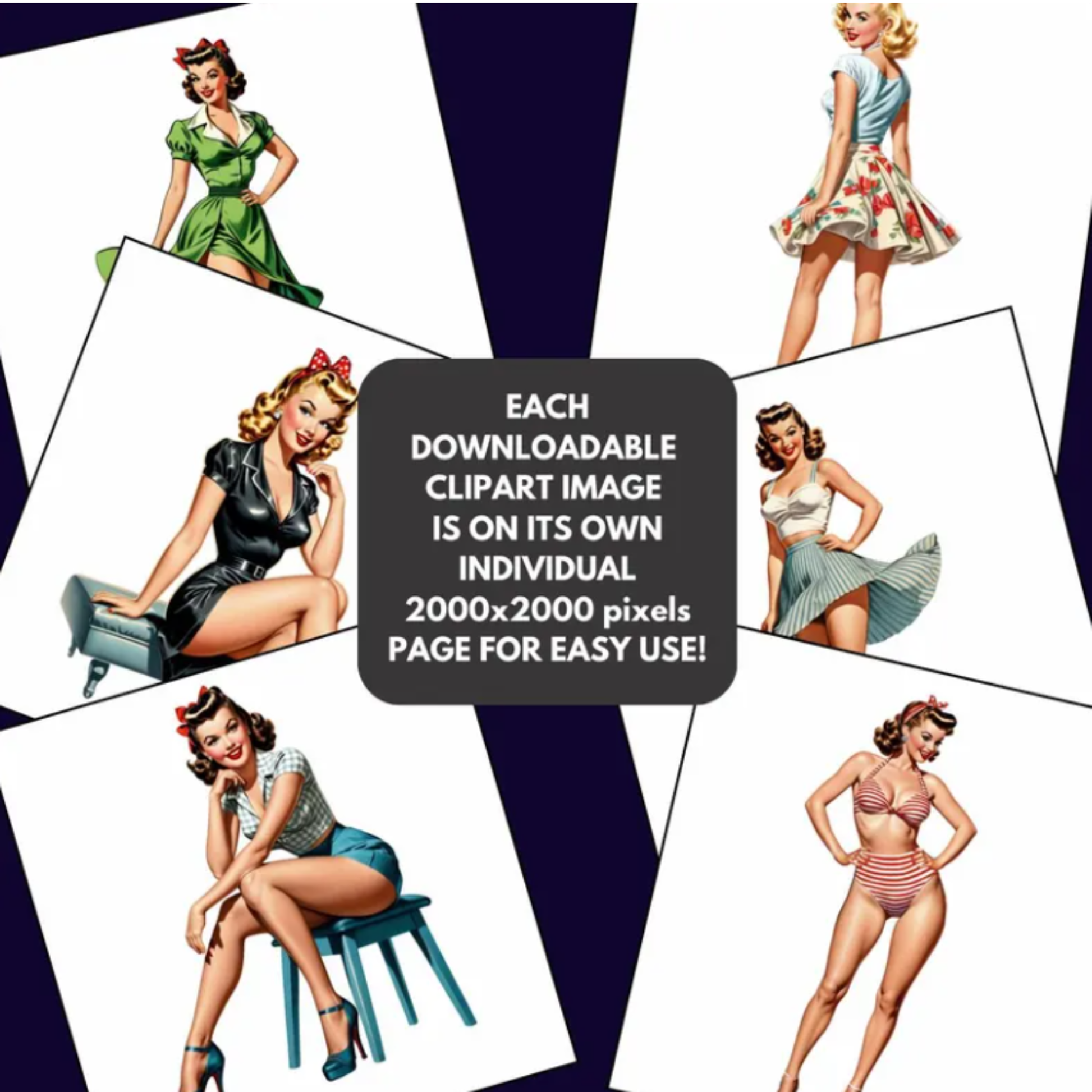 Vintage-style illustrations of women in various poses with text about downloadable clipart images.