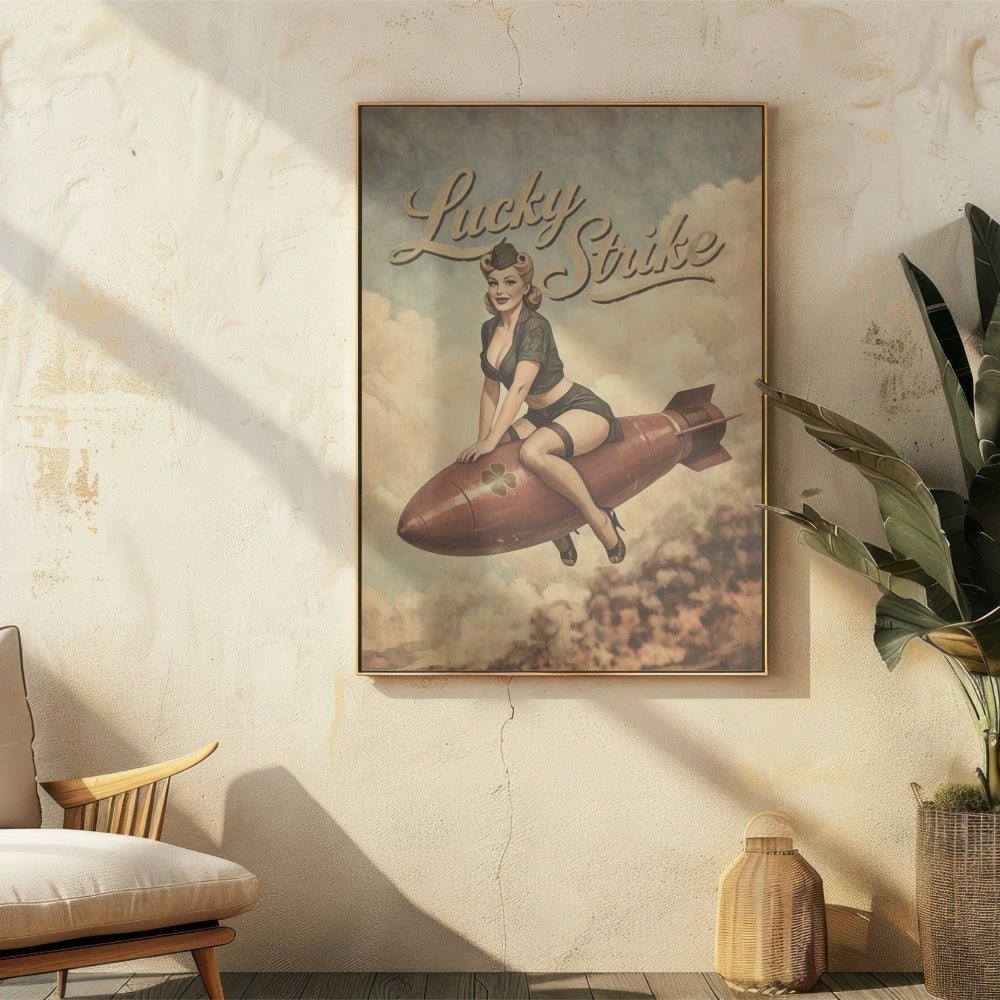 Framed poster of a woman sitting on an bomb with 'Lucky Strike' text in a room with a plant and chair.