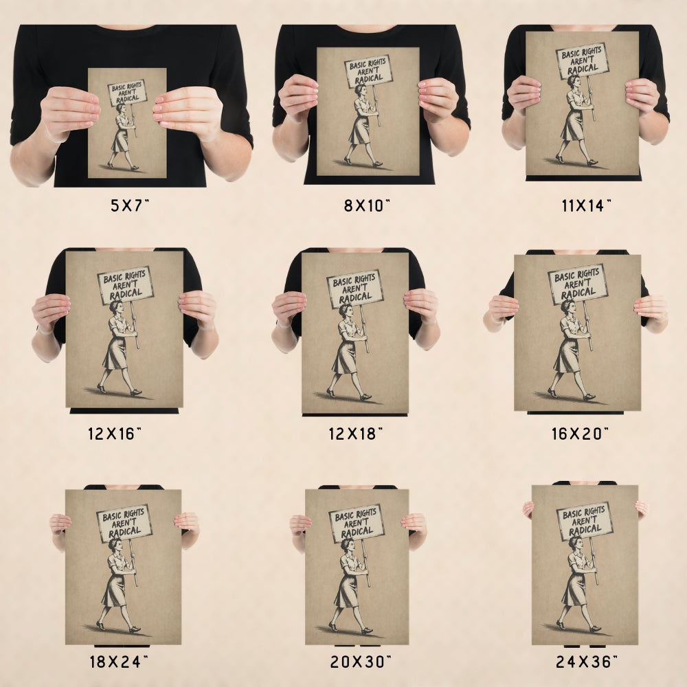 Person holding prints of a cartoon character with a sign in various sizes on a beige background