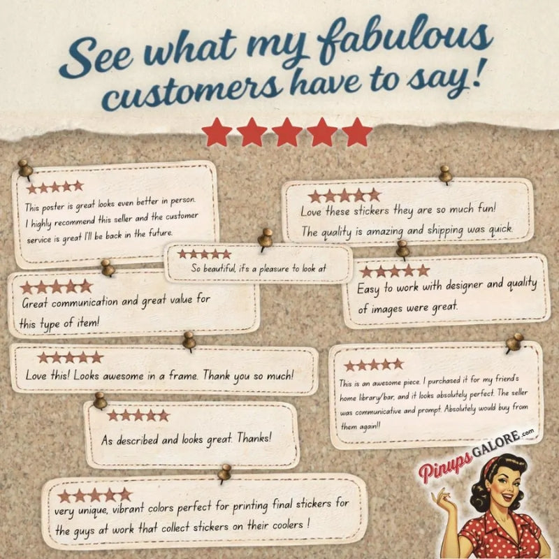 Customer reviews displayed on a cork board with a vintage-style illustration of a woman holding stickers.