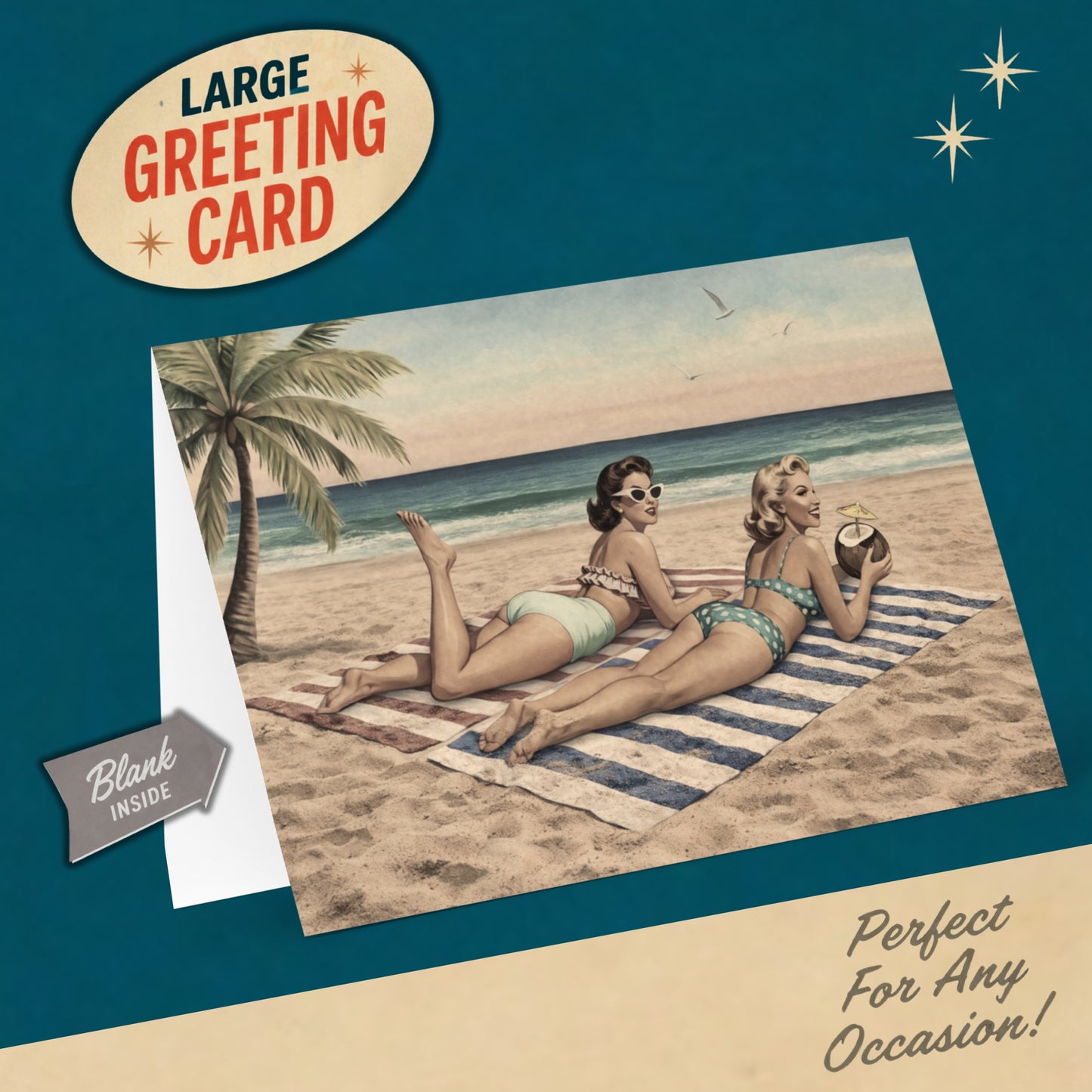 Vintage-style greeting card with two women on a beach, palm tree, and ocean.