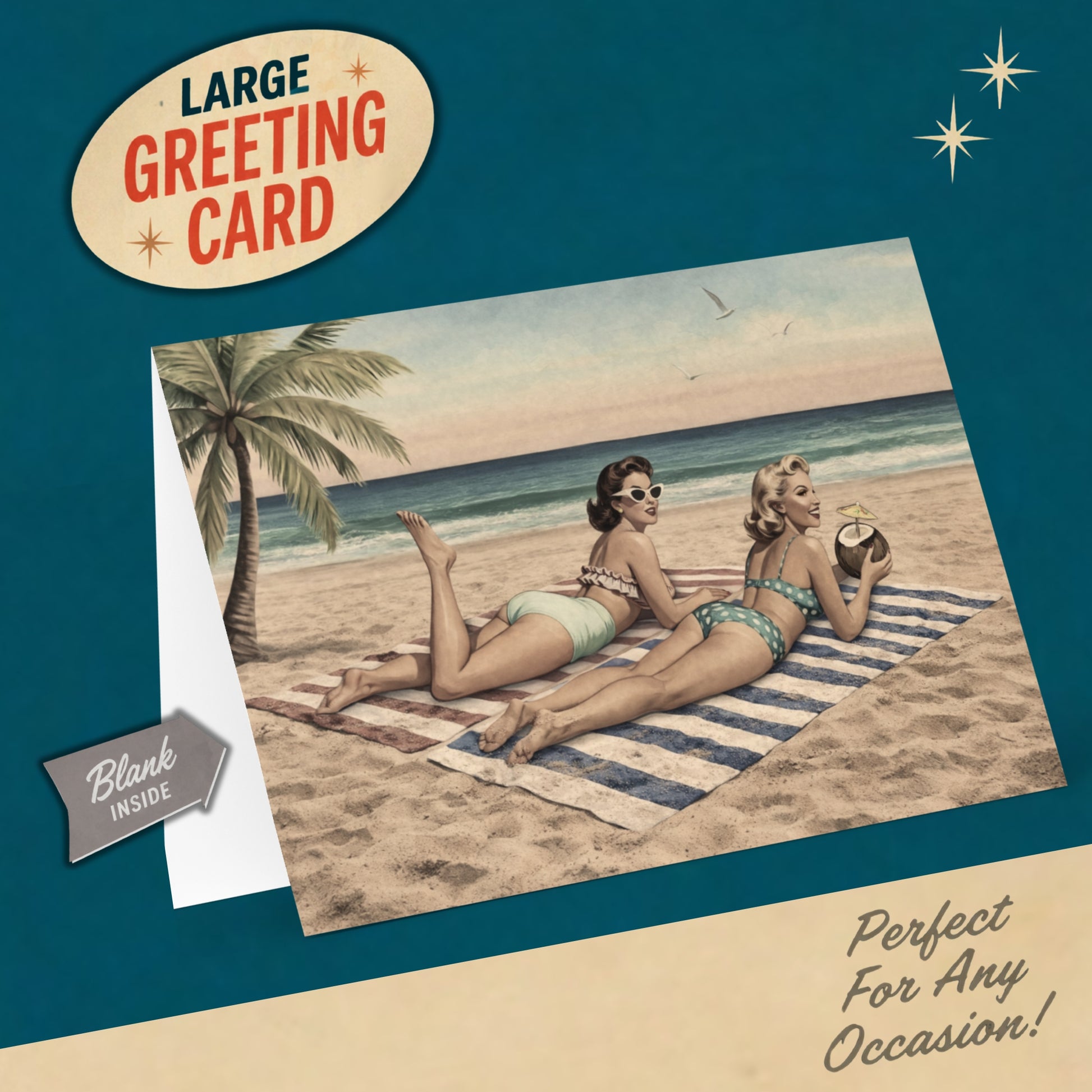 Vintage-style greeting card with two women on a beach, palm tree, and ocean.