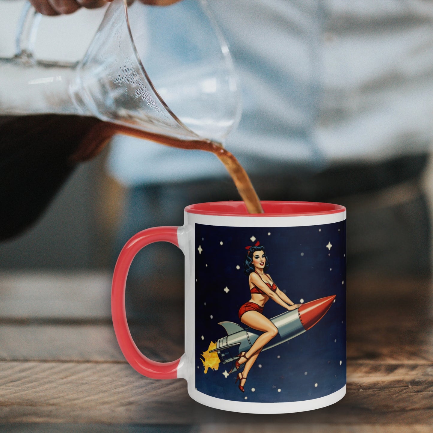 Retro Pin Up Rocket Mug | Vintage Space Girl Coffee Cup | Atomic Age Bombshell Art | Mid Century Sci-Fi Gift