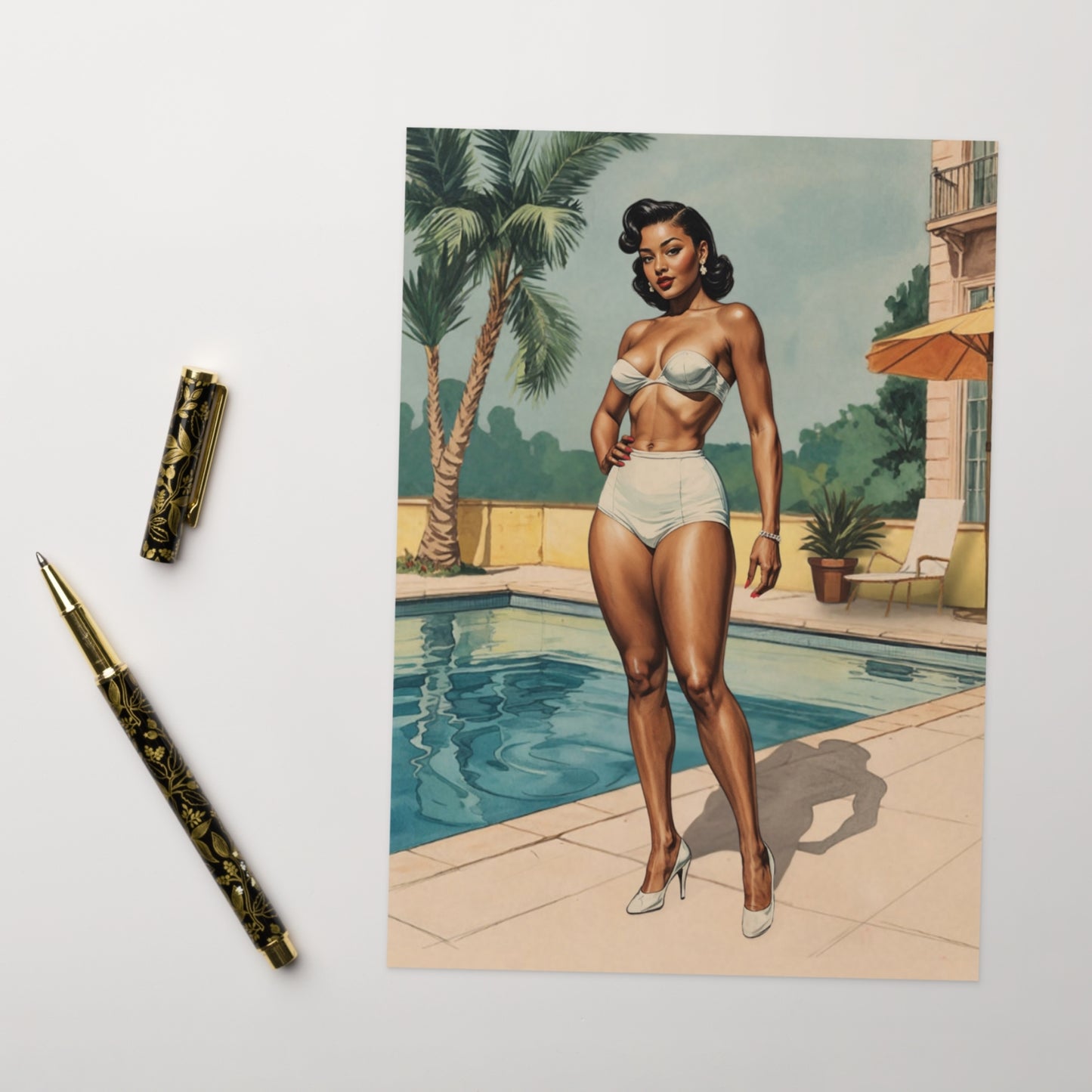 Illustration of a woman in a swimsuit by a pool with decorative pen and paper on a white background