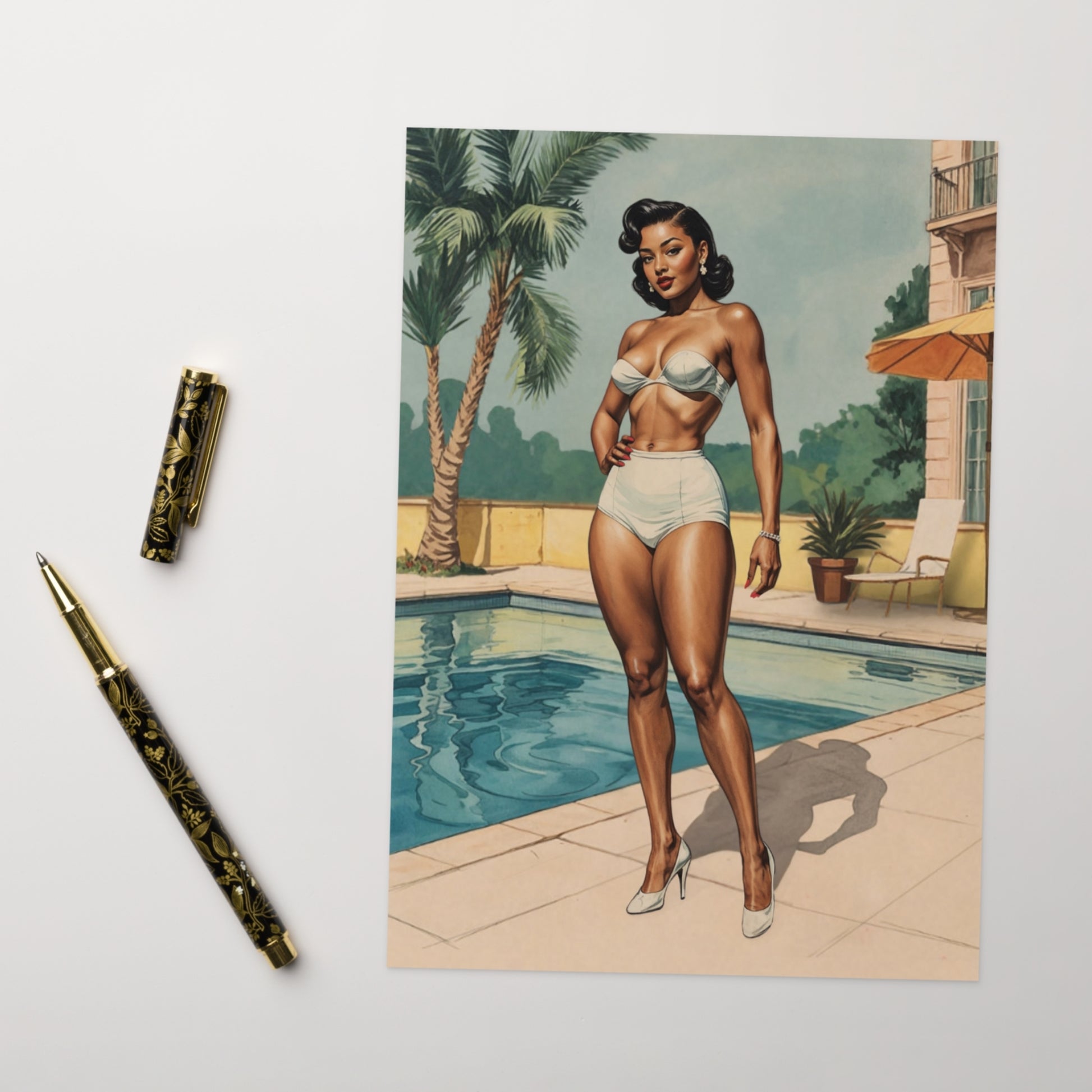 Illustration of a woman in a swimsuit by a pool with decorative pen and paper on a white background