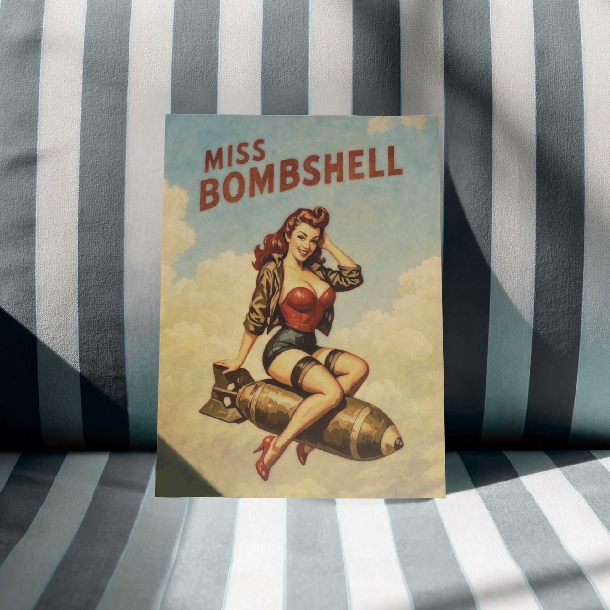 Vintage-style poster of a woman labeled 'Miss Bombshell' on a striped background