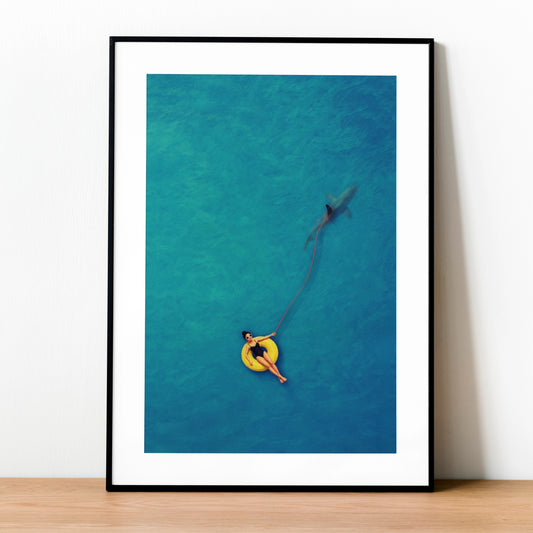 Swimmer Walking a Shark Art Print