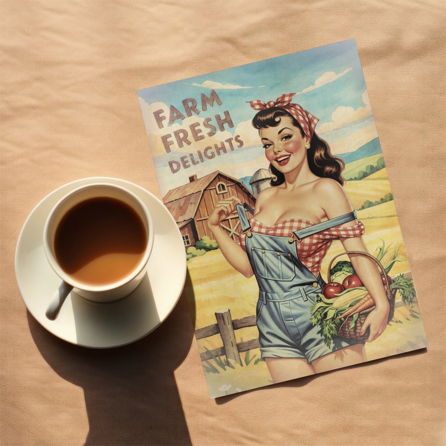 Vintage-style postcard with a farm girl pinup holding a basket of vegetables, next to a cup of coffee on a wooden surface.