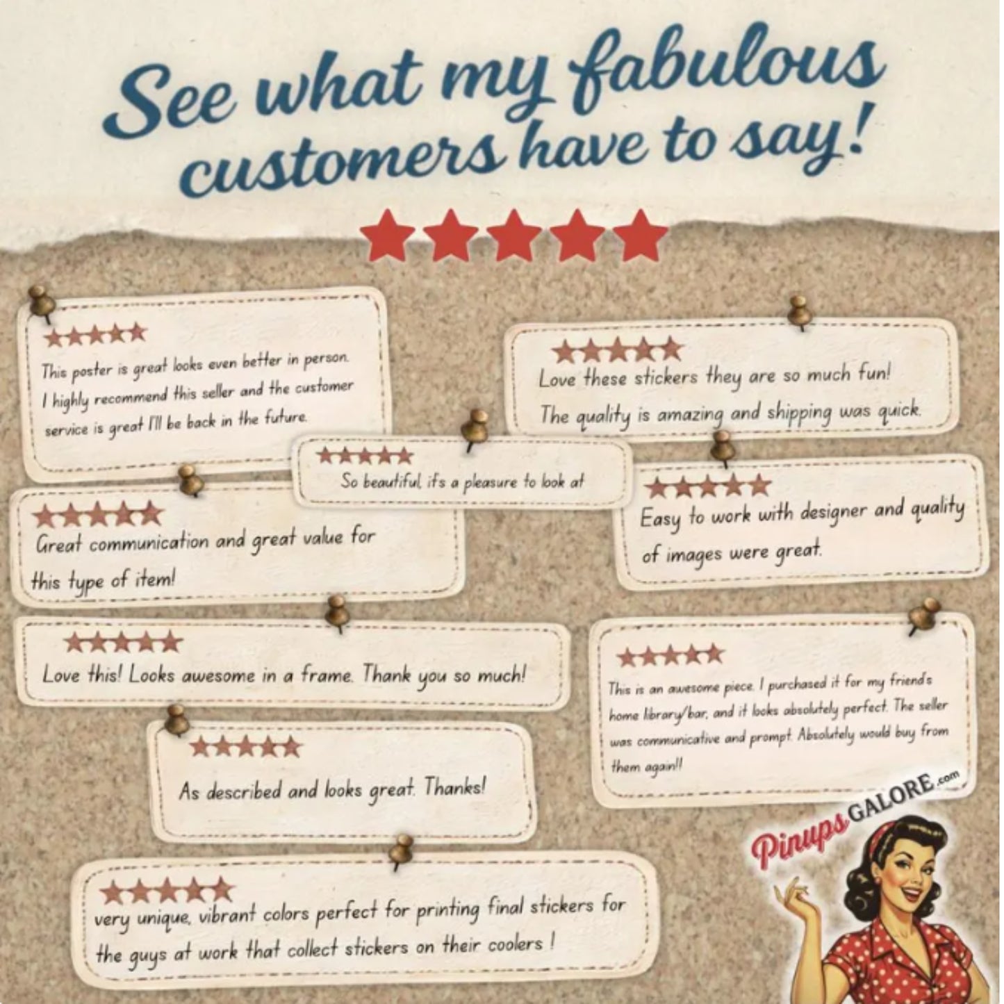Vintage-style poster with customer testimonials and a cartoon woman on a rustic background.