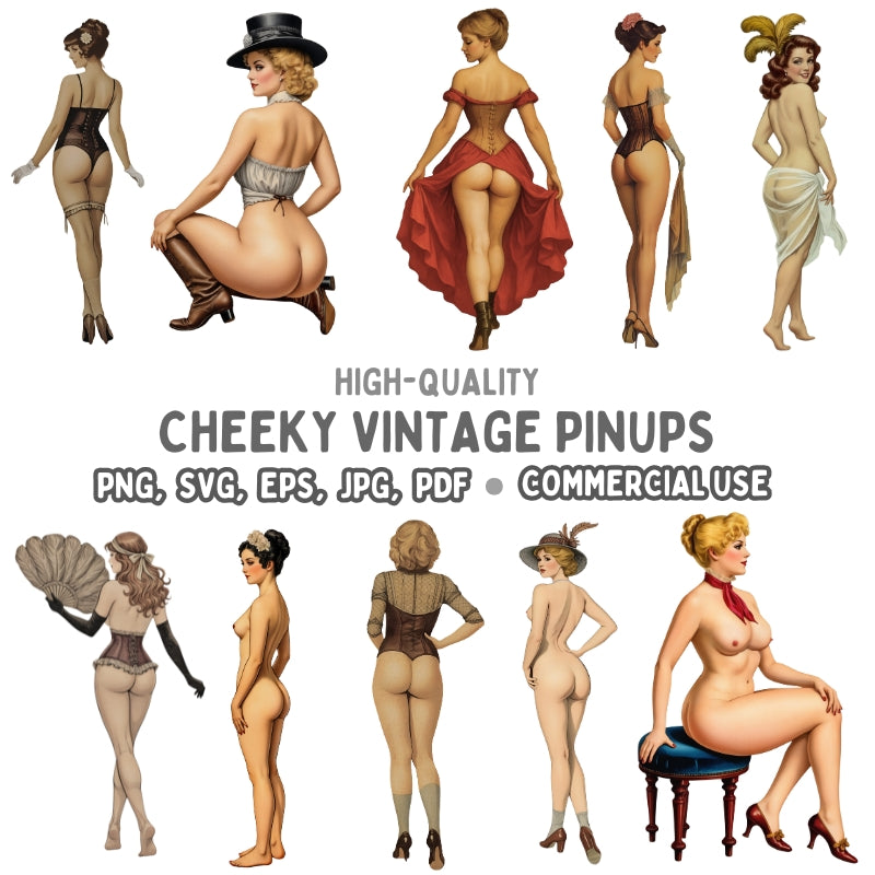 Vintage pinup illustrations of women in various poses on a white background.