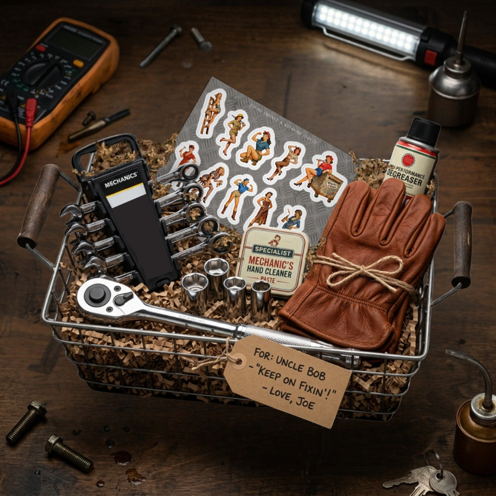 Gift basket with tools, gloves, and a tag on a wooden surface