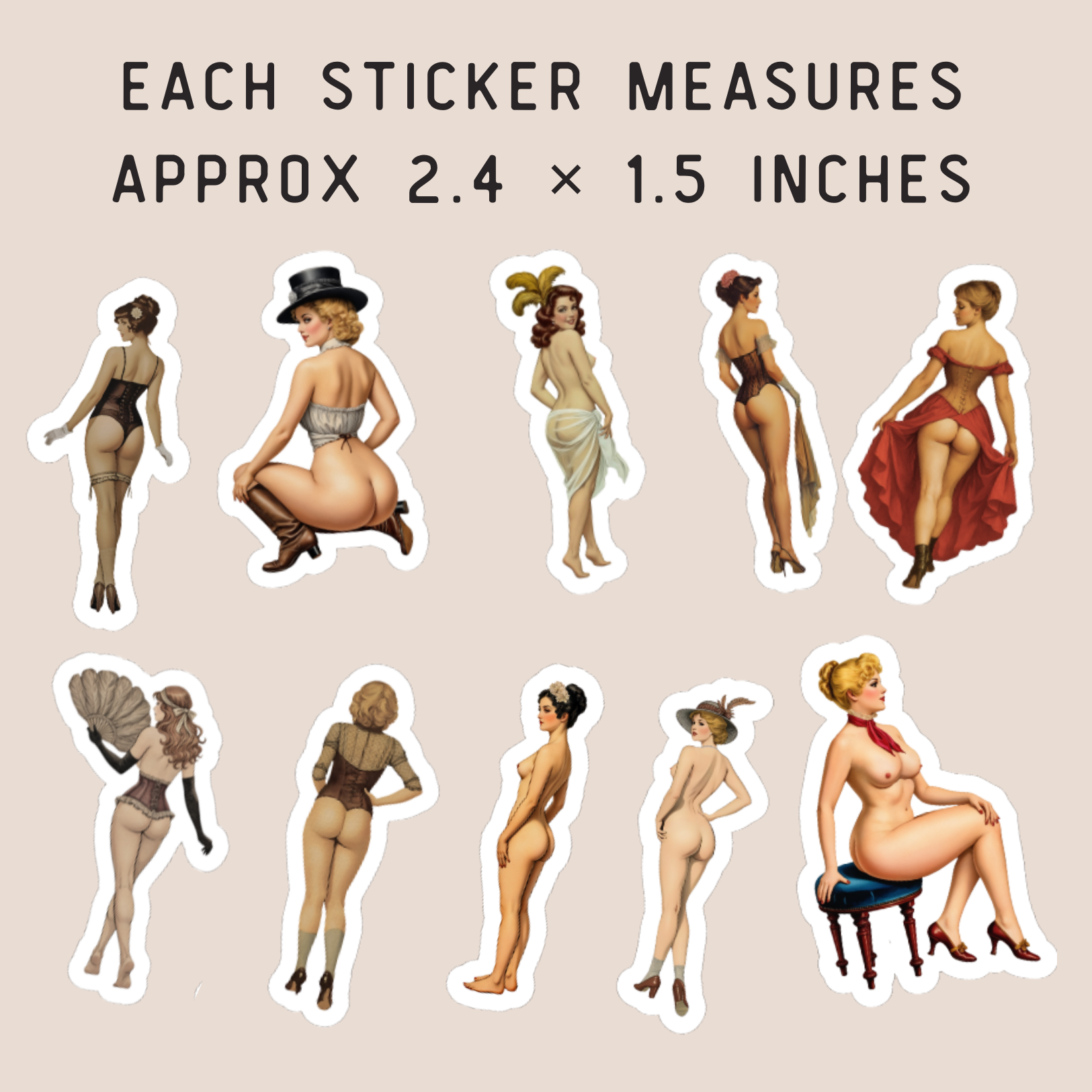 Set of vintage-style female figure stickers on a beige background with text about sticker dimensions.
