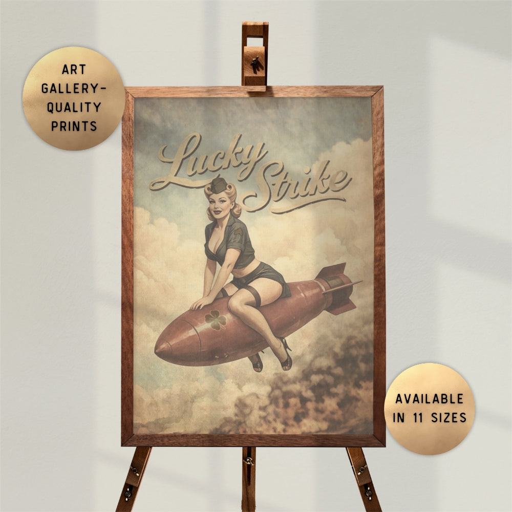 Vintage-style poster of a woman on a rocket with 'Lucky Strike' text, framed on an easel.