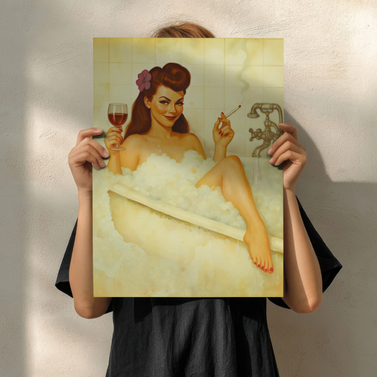 Pinup Poster | Vintage Bathroom Pin Up Girl Art Print | Bubble Bath and Wine