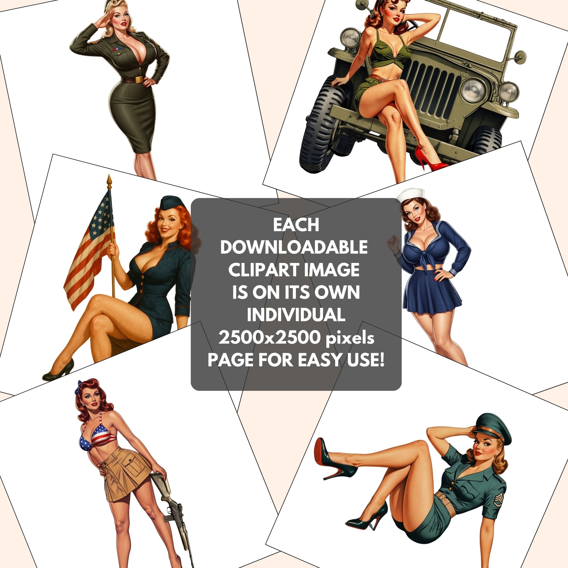 Collage of vintage-style illustrations of women in military-themed outfits with text about downloadable clipart images.