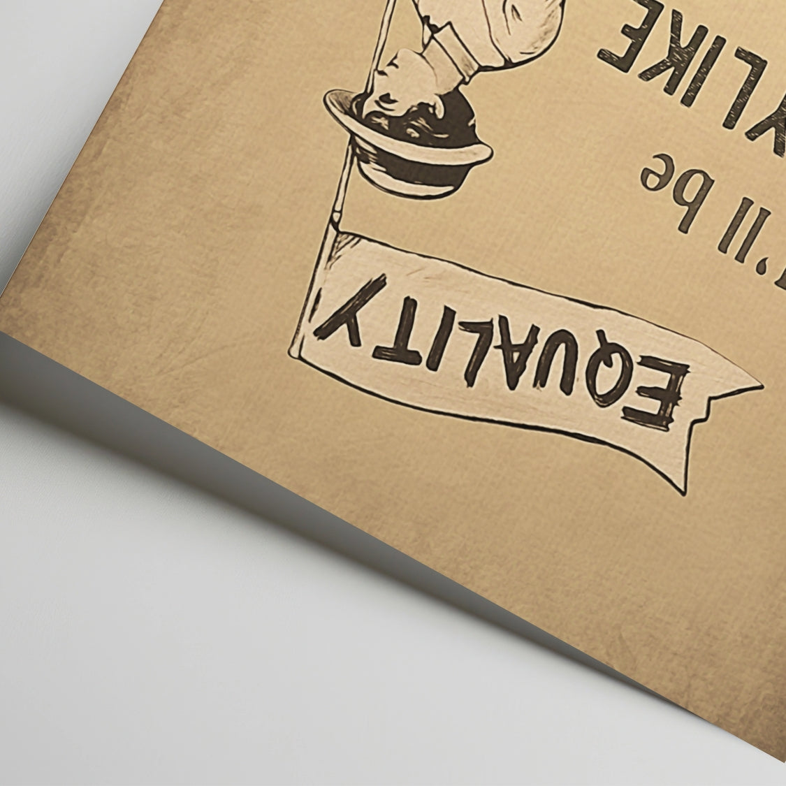 Brown paper bag with a graphic of a hand holding a cup and a banner with text on a light gray background