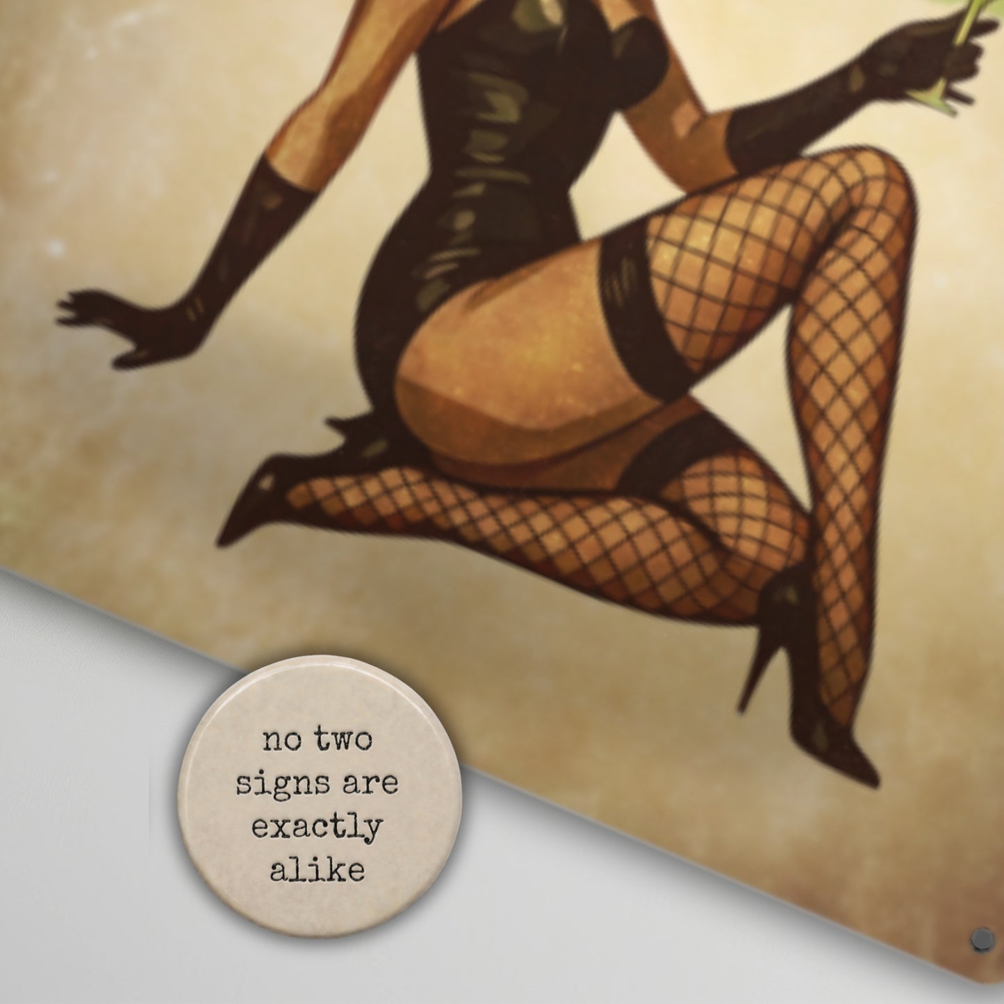 Illustration of a woman in fishnet stockings and high heels on a textured background with a motivational quote.