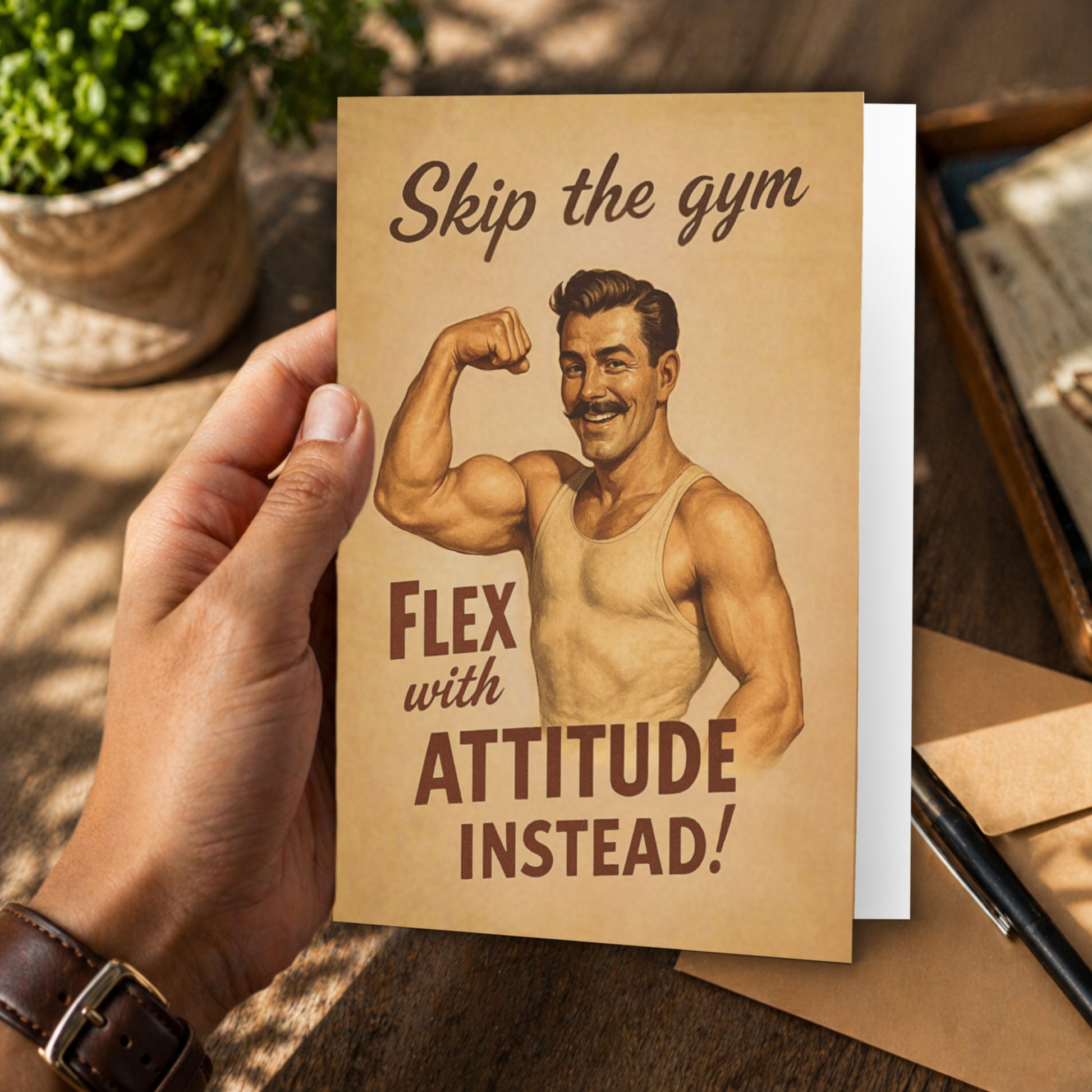 Greeting card with vintage-style illustration of a muscular man and humorous text, held by a hand on a wooden surface.