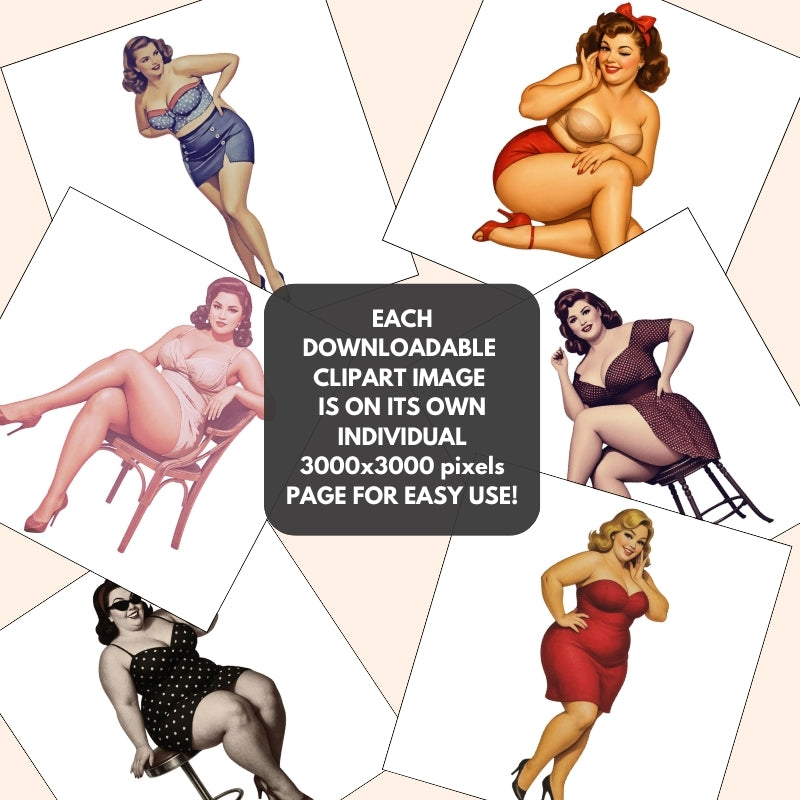 Vintage-style illustrations of women in swimsuits on a beige background with text about downloadable clipart images.