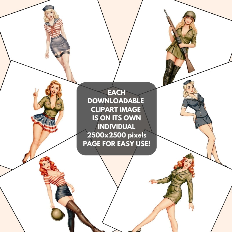 Set of six illustrated women in various outfits on a geometric patterned background.