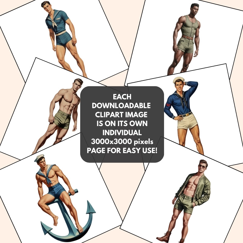Vintage-style illustrations of men in swimwear with text about downloadable clipart images.