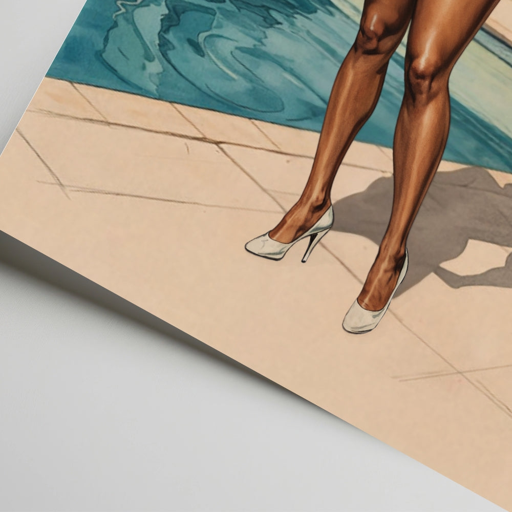 Artistic depiction of legs in high heels stepping onto a platform with abstract background