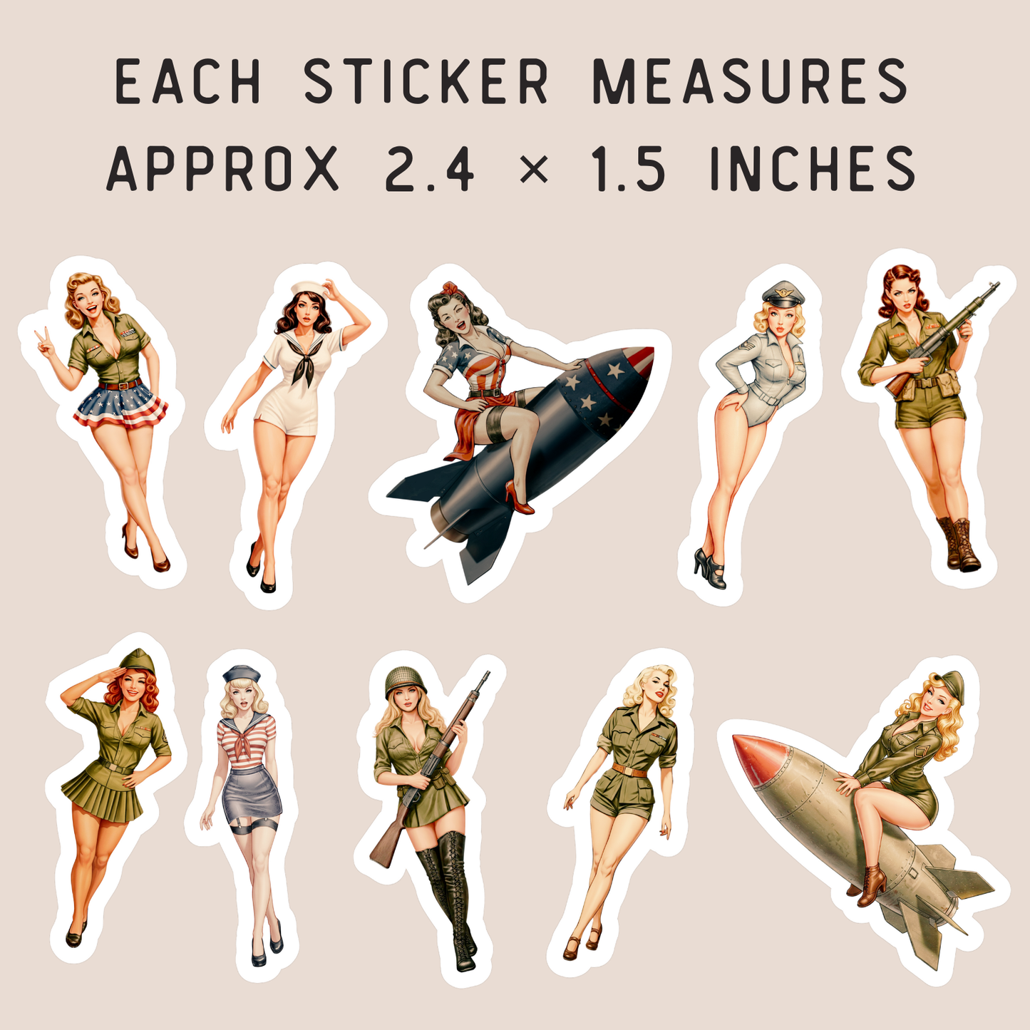 Set of vintage-style stickers featuring women in military uniforms and a rocket on a beige background.