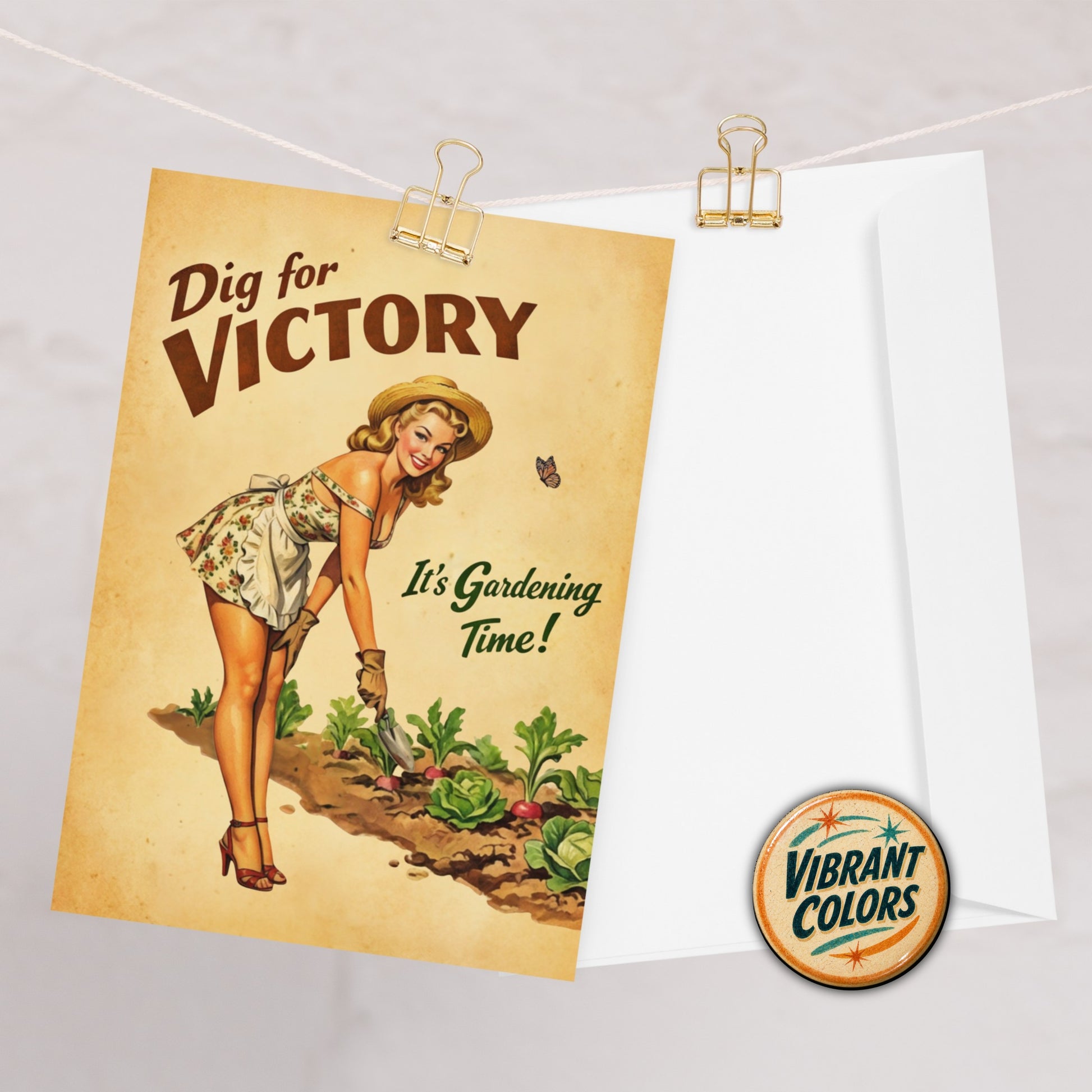 Vintage-style poster with a woman gardening and 'Dig for Victory' text, pinned to a board.