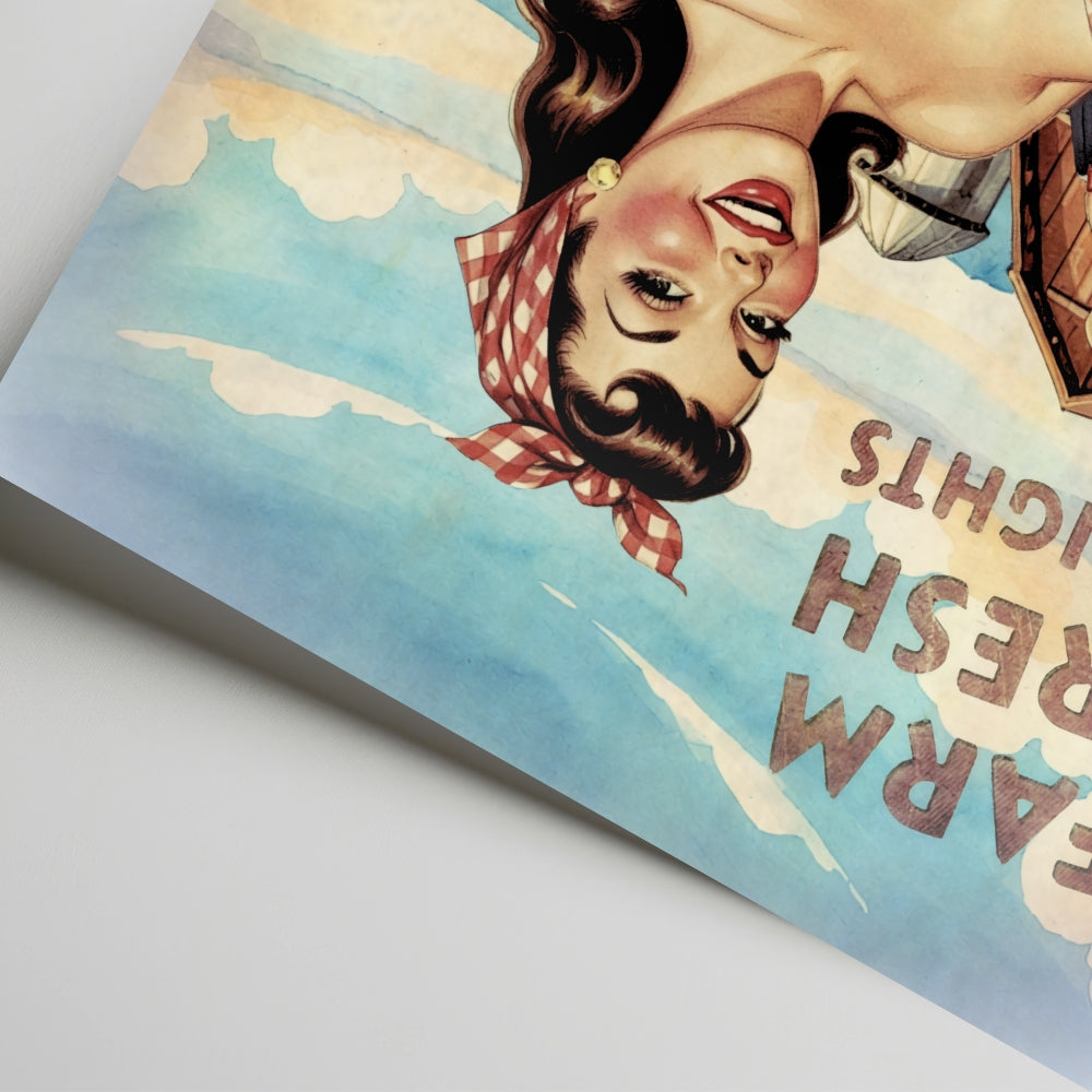 Vintage-style illustration of a woman with a bandana and text on a blue background