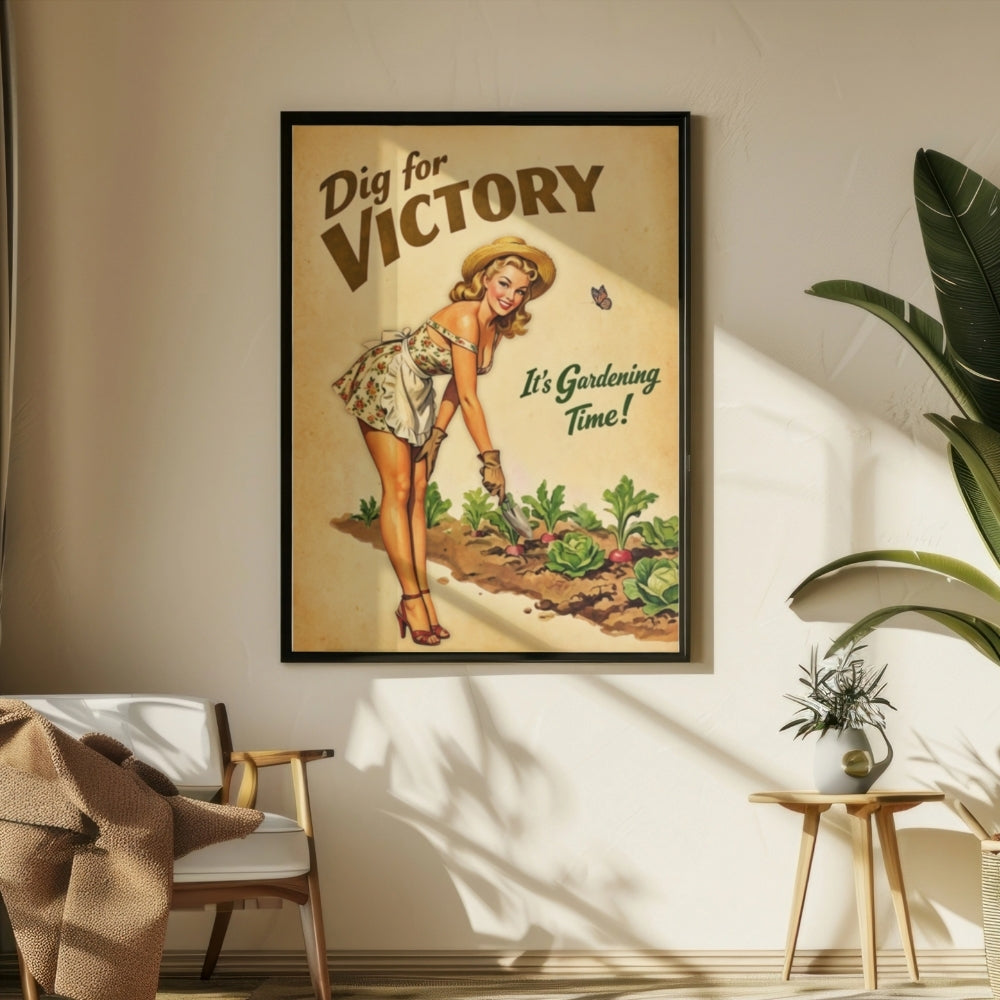 Vintage-style 'Dig for Victory' poster on a wall with a chair and plant in the foreground.