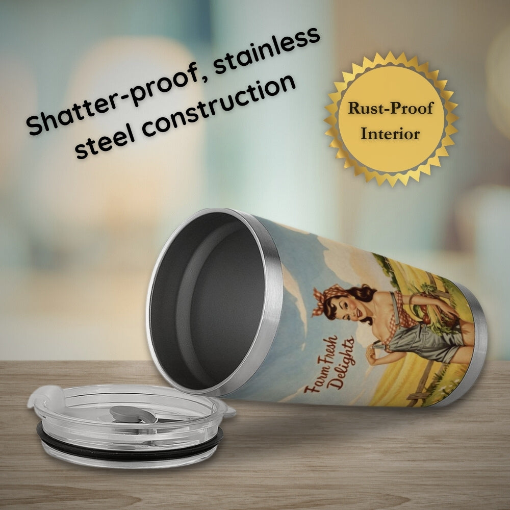 Stainless steel tumbler with a colorful design on a wooden surface, featuring text about its construction and features.