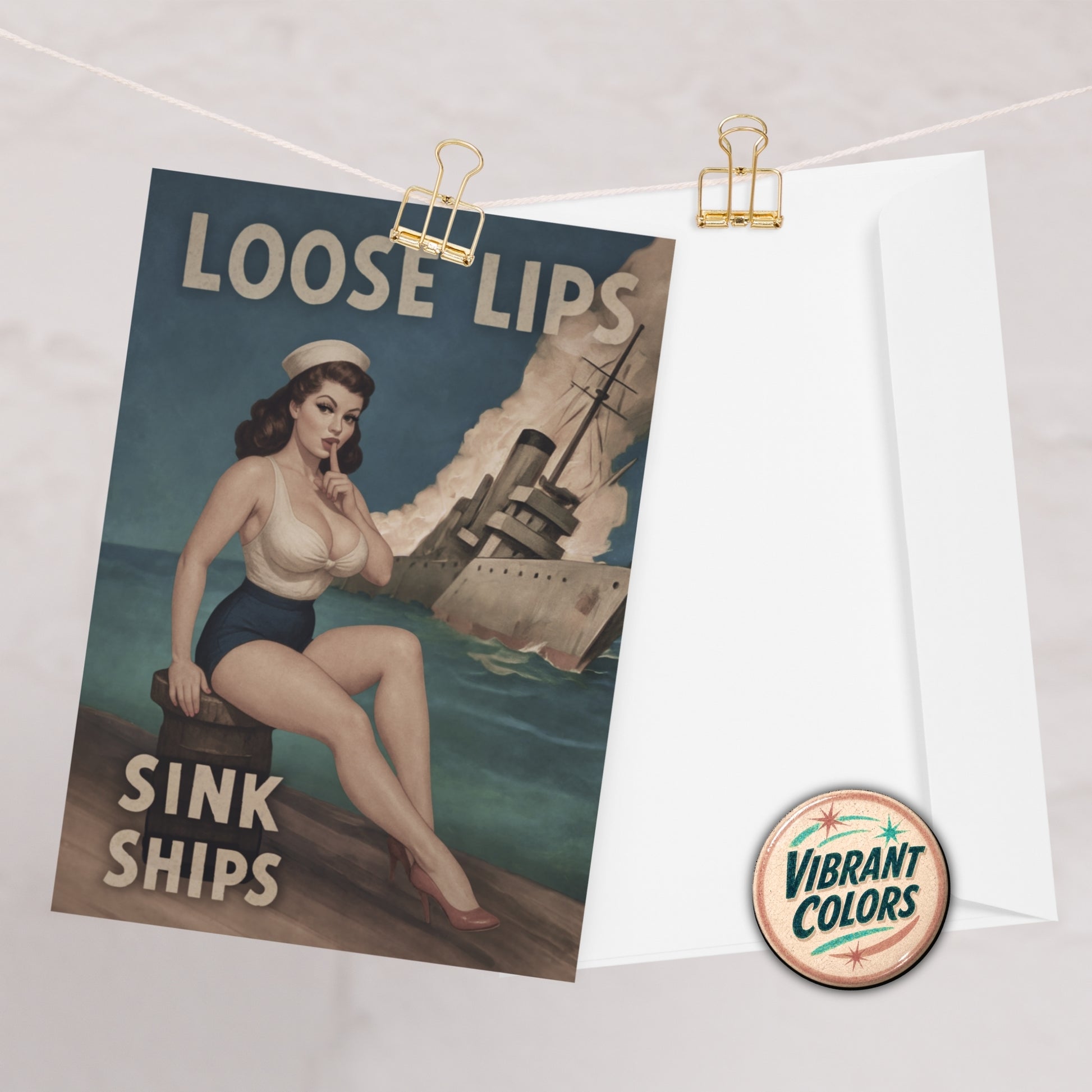 Vintage-style pinup girl card with a woman by a ship, text 'Loose lips sink ships', and a 'Vibrant Colors' logo on a white background.