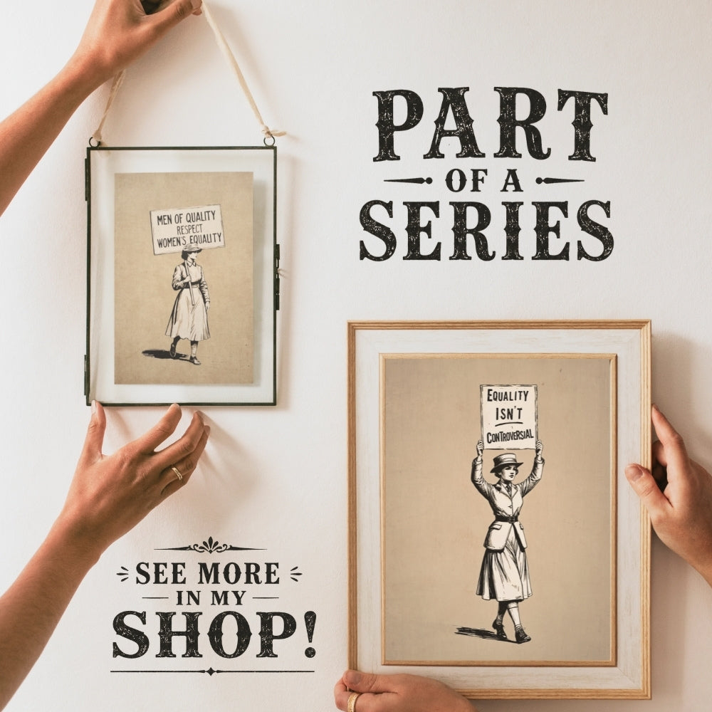 Two framed prints with text and images of people holding signs, with hands holding the frames against a white wall.