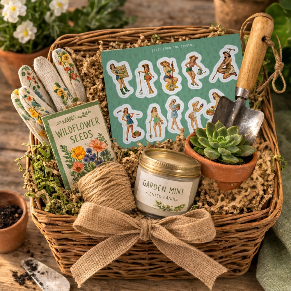 Garden-themed gift basket with tools, seeds, candle, and stickers on a wooden surface.