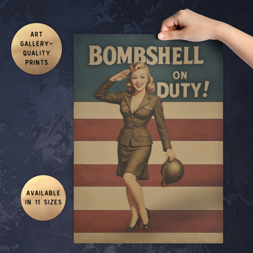 Poster with a woman in uniform saluting, titled 'Bombshell on Duty!' held by a hand against a dark blue background.