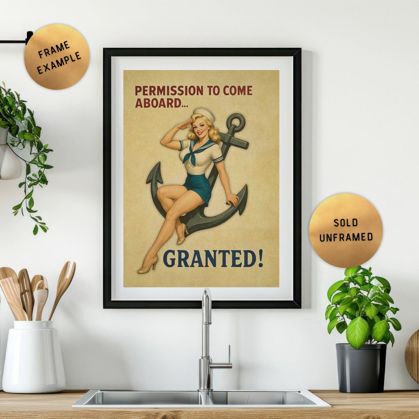Framed poster with a vintage-style design of a woman holding an anchor in a kitchen setting.