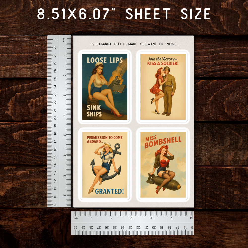 Four vintage-style poster stickers on a wooden surface with a ruler for scale.