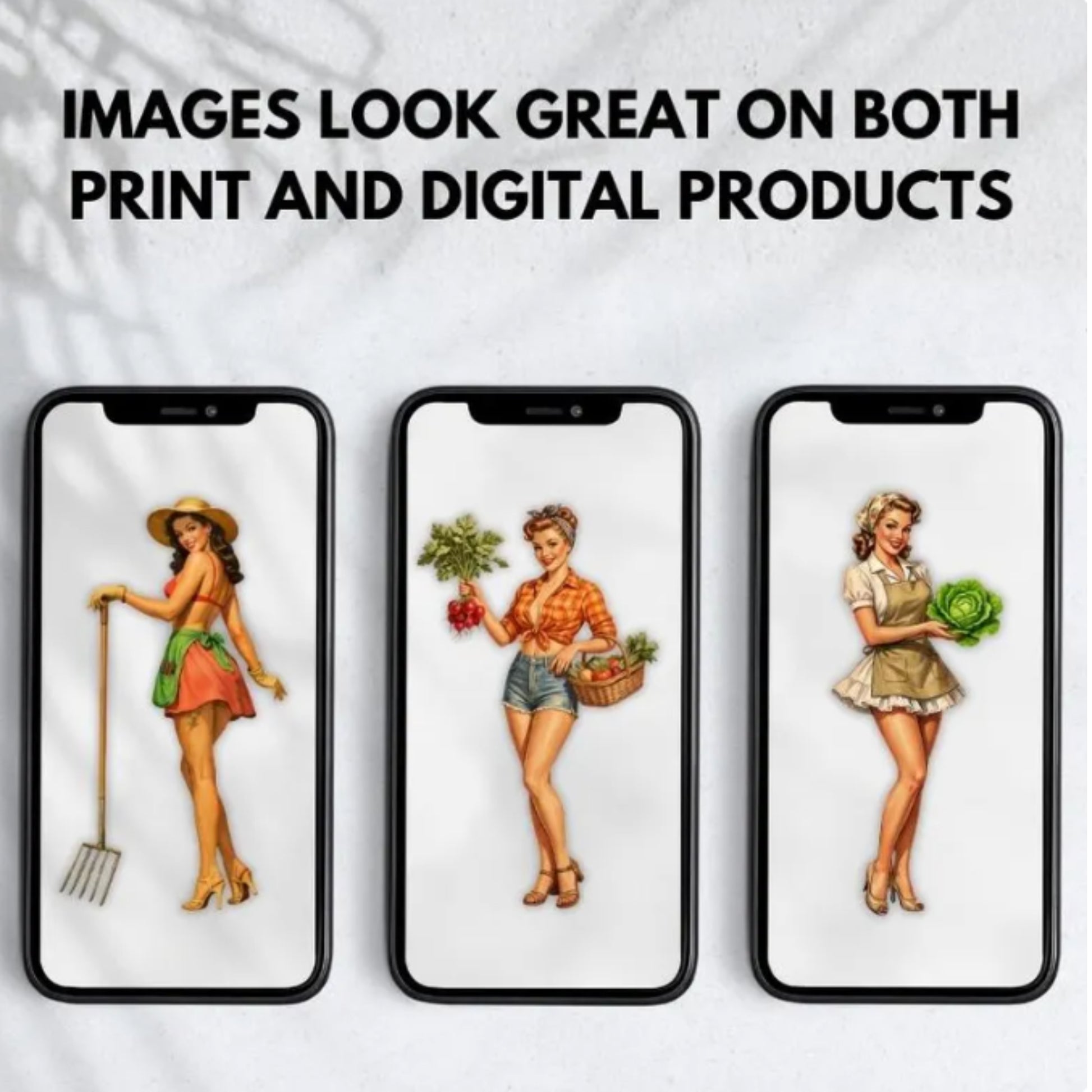Three smartphone screens displaying images of a woman in different poses with text 'Images look great on both print and digital products'.