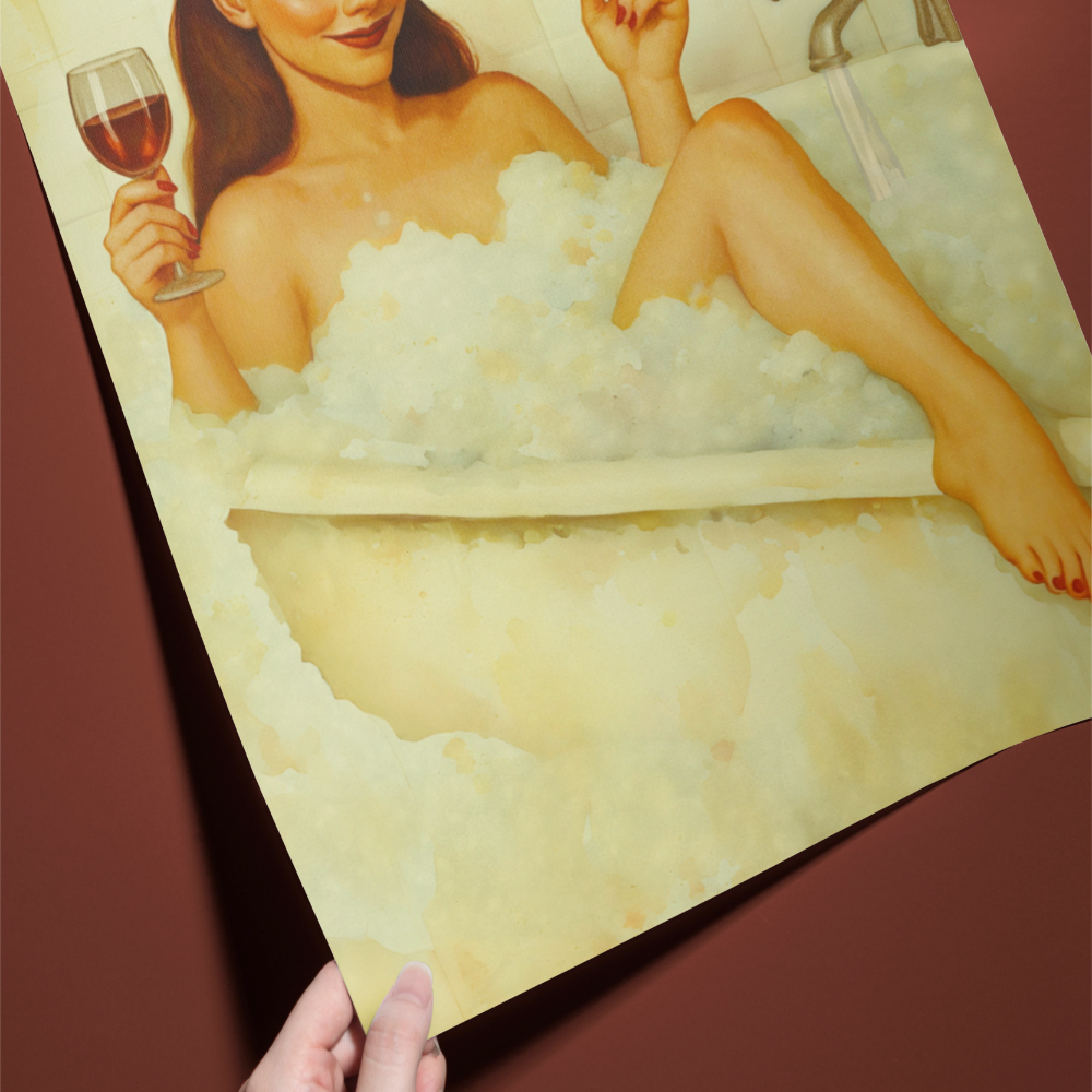 Person holding a magazine with a woman in a bathtub illustration on a brown background