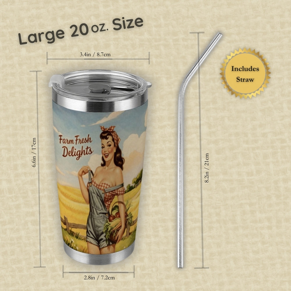 Tumbler with farm-themed design and measurements on a beige background