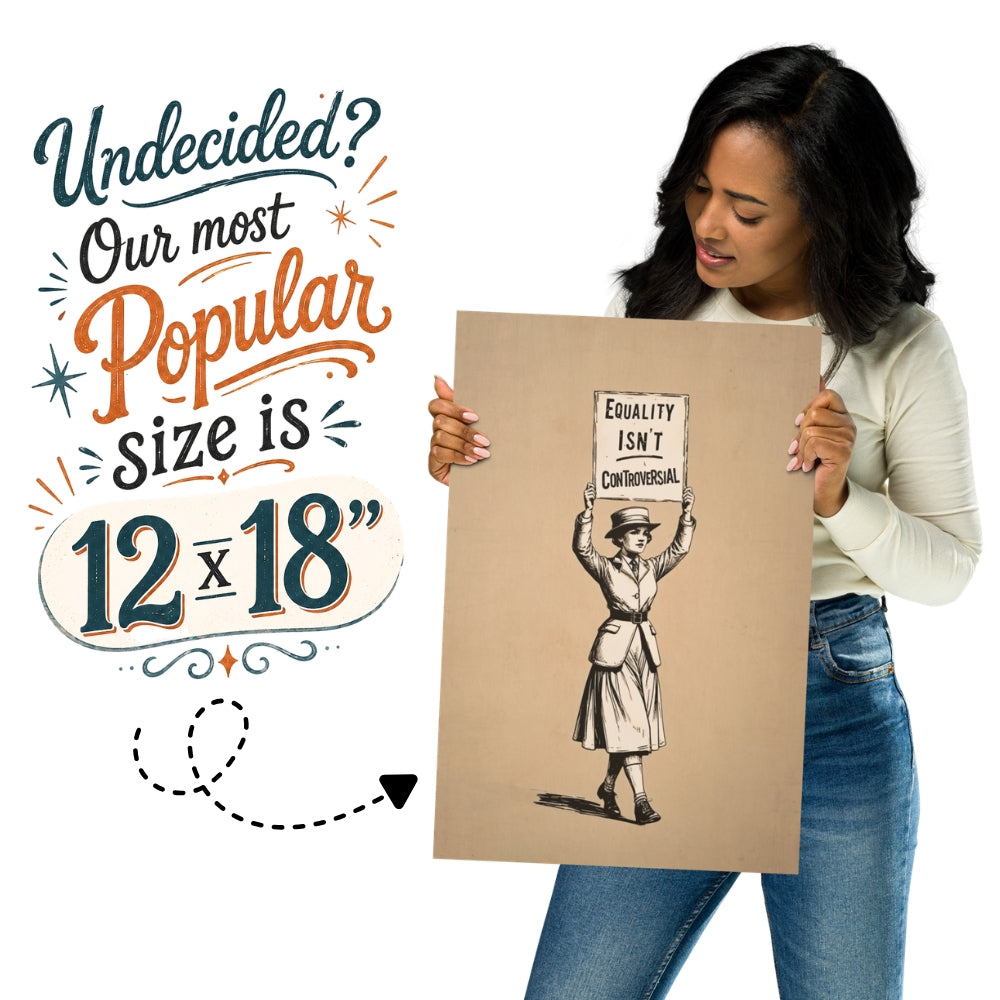 Woman holding a cardboard size chart with text and illustration, on a white background