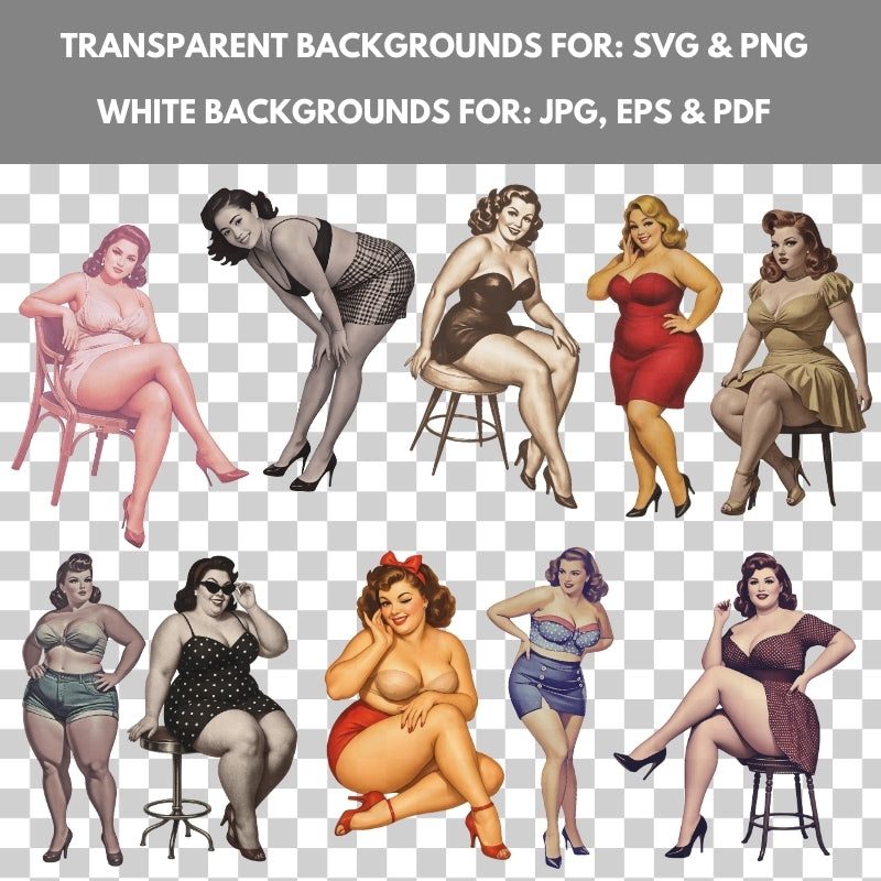 Illustrations of women in various poses and outfits on a transparent background.