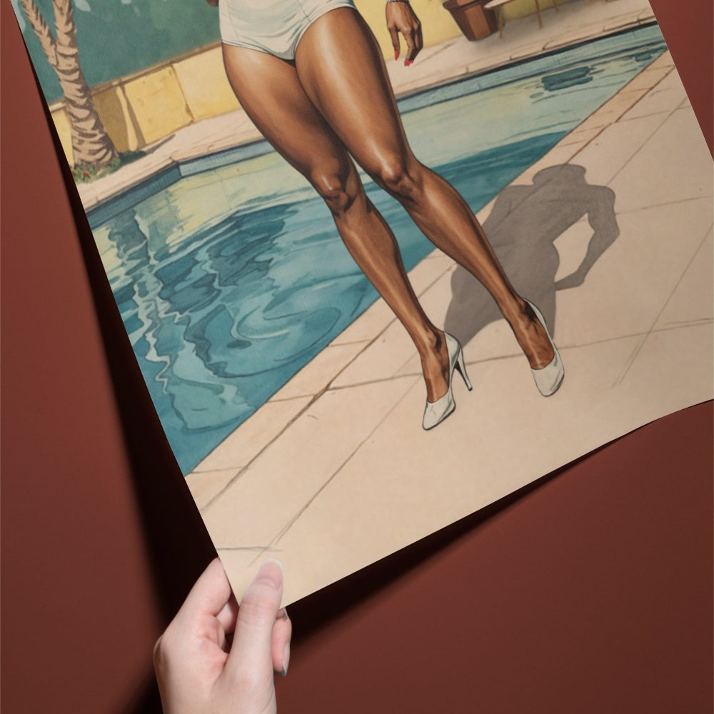 Artistic depiction of legs by a pool with a hand holding the artwork.
